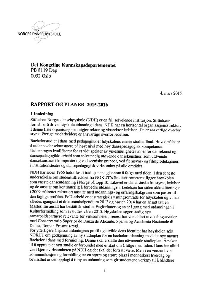Forsiden av dokumentet Årsrapport Norges dansehøyskole 2014