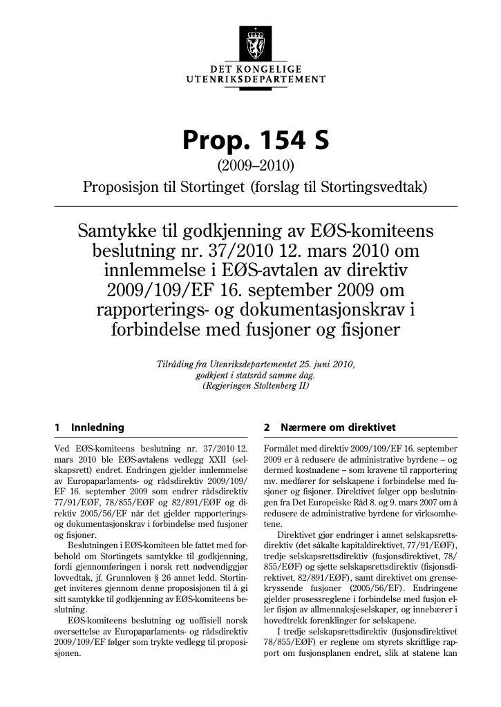 Forsiden av dokumentet Prop. 154 S (2009-2010)