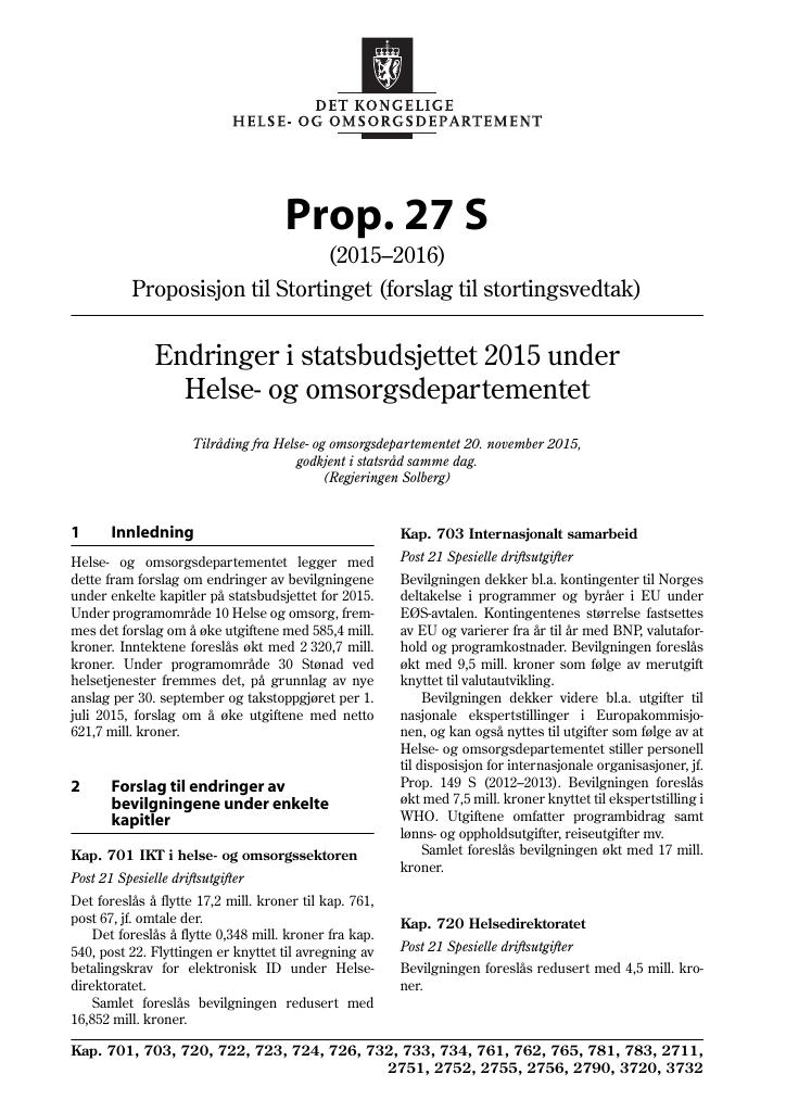 Forsiden av dokumentet Prop. 27 S (2015–2016)