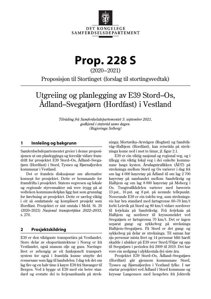 Forsiden av dokumentet Prop. 228 S (2020–2021)