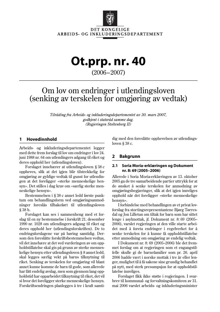 Forsiden av dokumentet Ot.prp. nr. 40 (2006-2007)