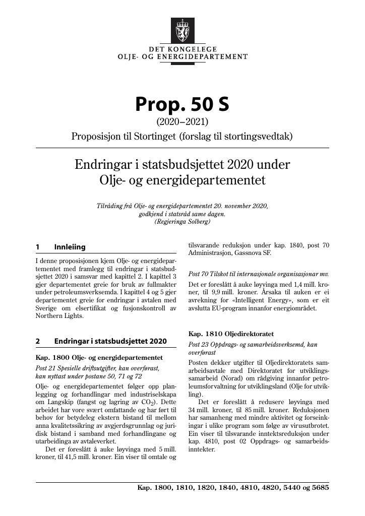 Forsiden av dokumentet Prop. 50 S (2020–2021)