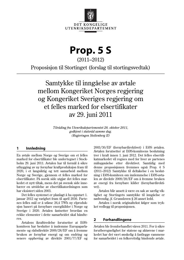 Forsiden av dokumentet Prop. 5 S (2011–2012)