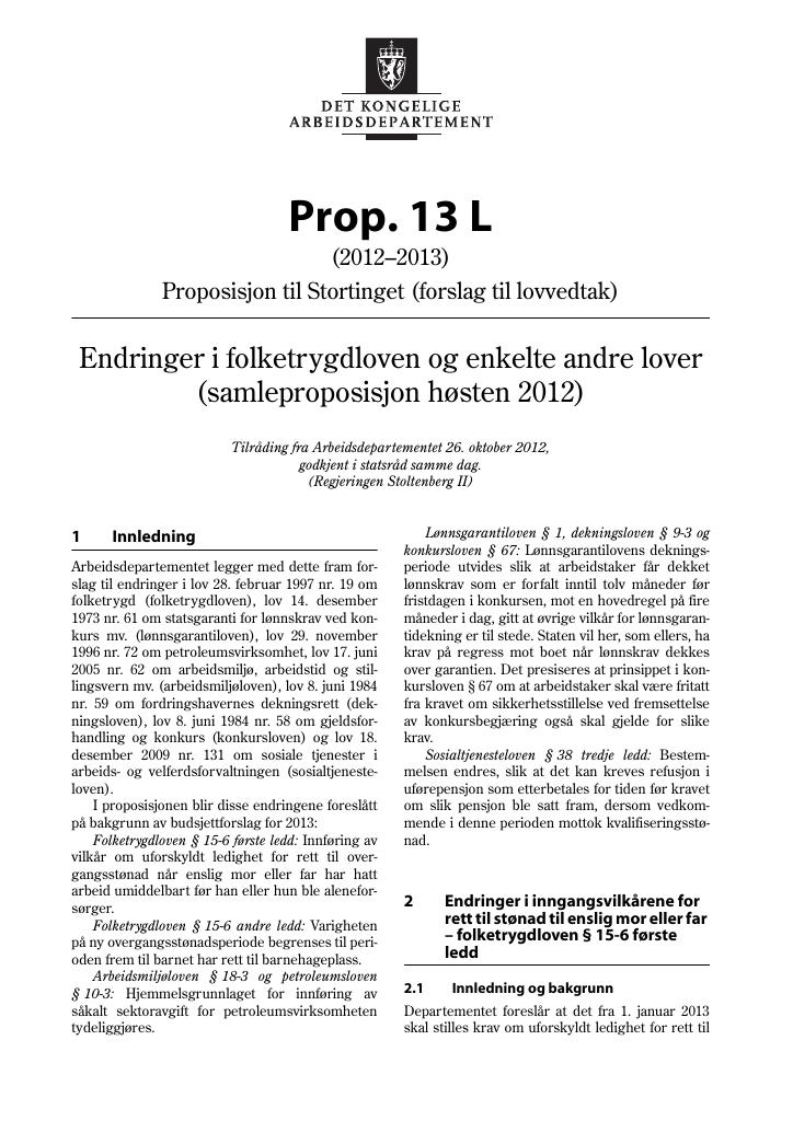 Forsiden av dokumentet Prop. 13 L (2012–2013)