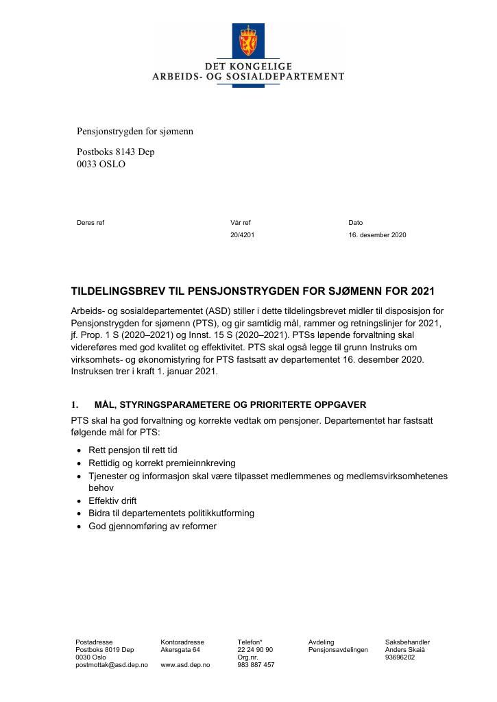 Forsiden av dokumentet Tildelingsbrev Pensjonstrygden for sjømenn 2021