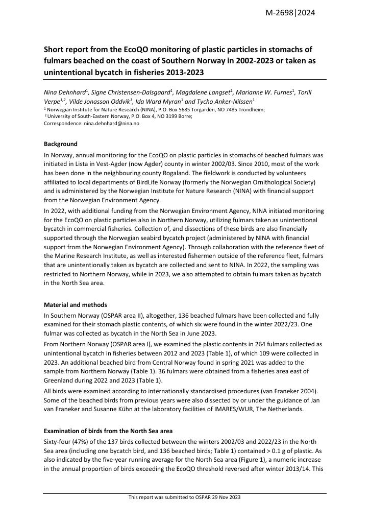 Forsiden av dokumentet Short report from the EcoQO monitoring of plastic particles in stomachs of fulmars beached on the coast of Southern Norway in 2002-2023 or taken as unintentional bycatch in fisheries 2013-2023 : M-2698
