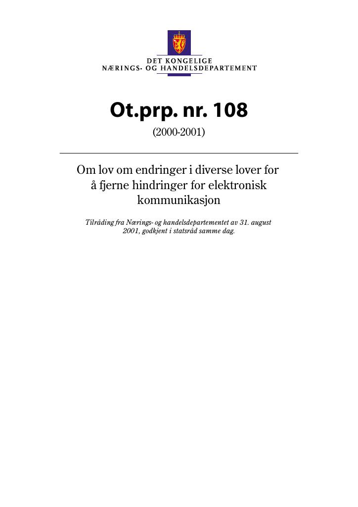 Forsiden av dokumentet Ot.prp. nr. 108 (2000-2001)