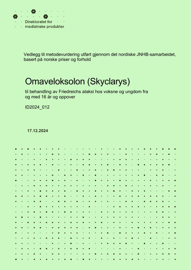 Forsiden av dokumentet Omaveloksolon (Skyclarys) til behandling av Friedreichs ataksi hos voksne og ungdom fra og med 16 år og oppover
