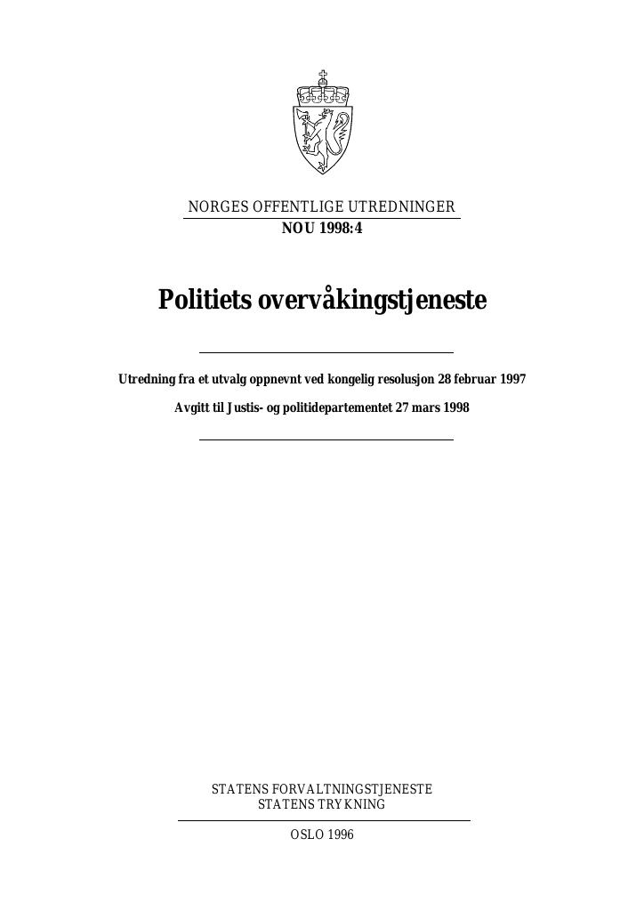 Forsiden av dokumentet NOU 1998: 4 - Politiets overvåkingstjeneste