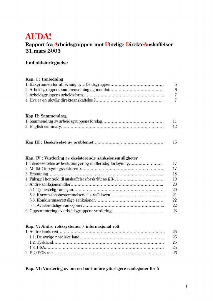 Forsiden av dokumentet Rapport fra Arbeidsgruppen mot Ulovlige Direkte Anskaffelser (AUDA) (.pdf 8,3 MB)