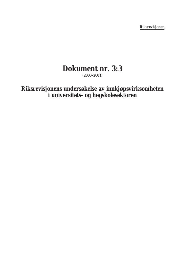 Forsiden av dokumentet Riksrevisjonens undersøkelse av innkjøpsvirksomheten i universitets- og høgskolesektoren