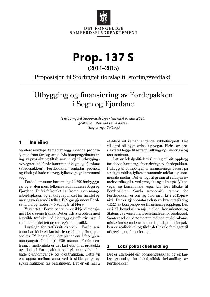 Forsiden av dokumentet Prop. 137 S (2014–2015)