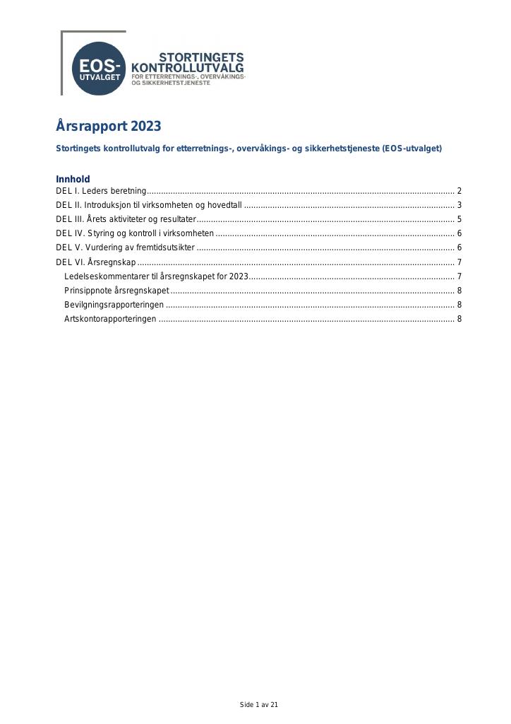 Forsiden av dokumentet Årsrapport EOS-utvalget 2023