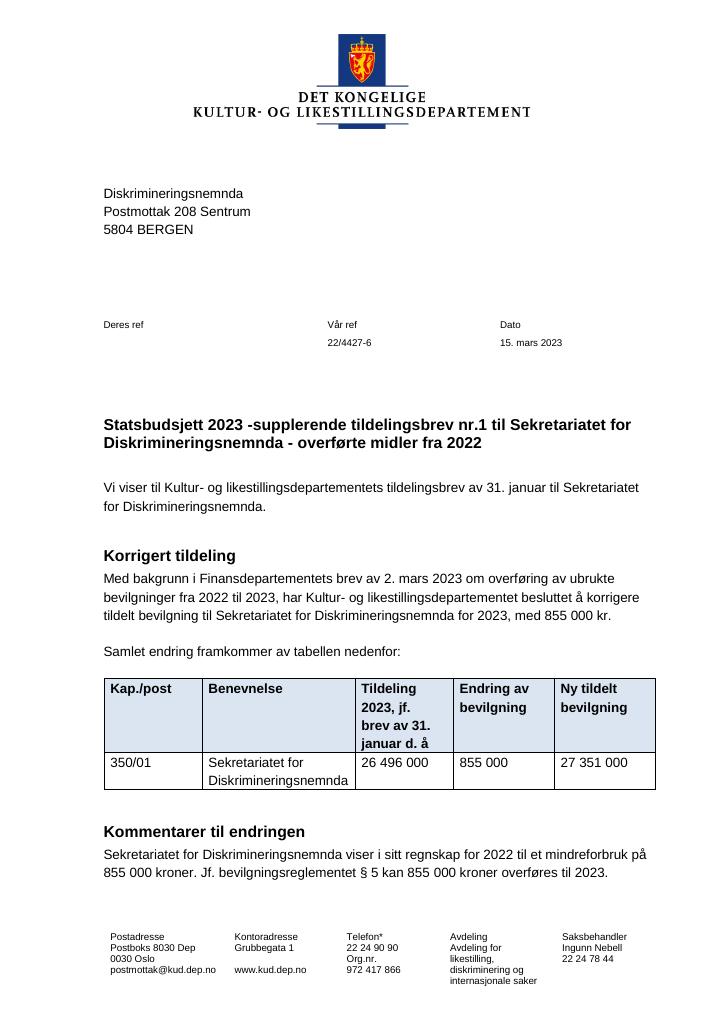 Forsiden av dokumentet Tildelingsbrev Diskrimineringsnemnda 2023 - tillegg nr. 1