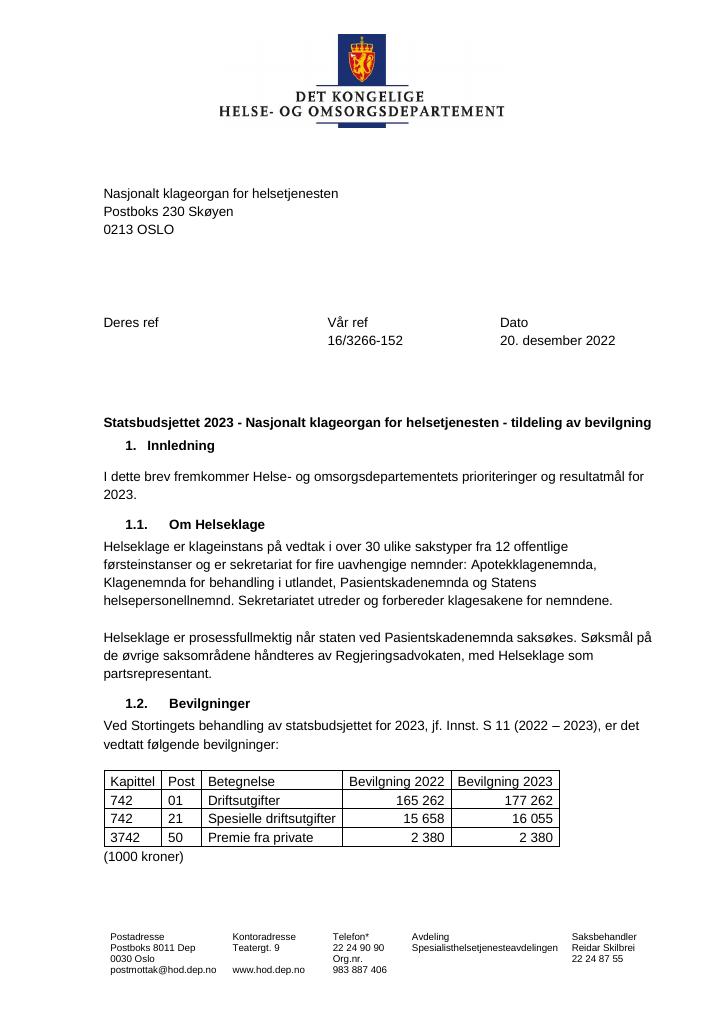 Forsiden av dokumentet Tildelingsbrev Nasjonalt klageorgan for helsetjenesten 2023