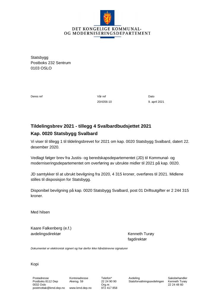 Forsiden av dokumentet Tildelingsbrev Statsbygg 2021 - tillegg nr. 4