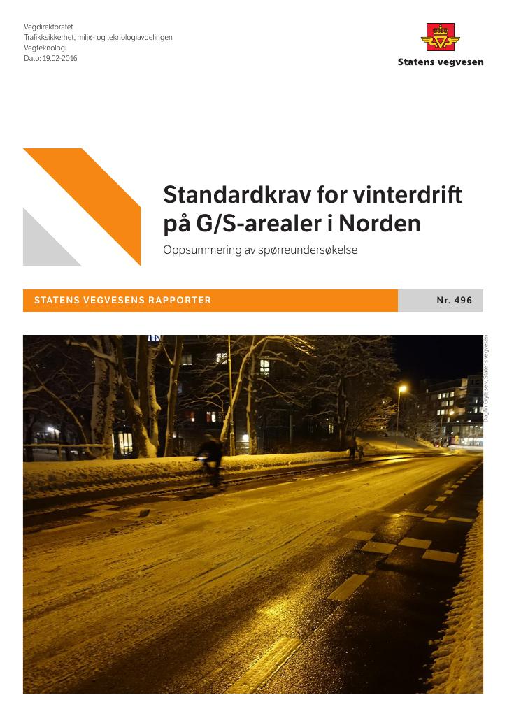 Forsiden av dokumentet Standardkrav for vinterdrift på G/S-arealer i Norden: Oppsummering av spørreundersøkelse