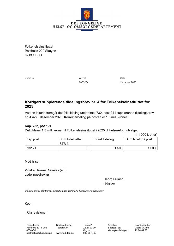 Forsiden av dokumentet Tildelingsbrev Folkehelseinstituttet 2025 - korrigering av tillegg nr. 4