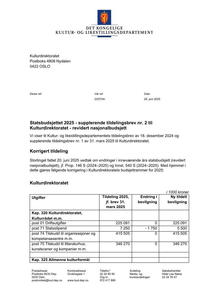 Forsiden av dokumentet Tildelingsbrev Kulturdirektoratet 2025 - tillegg nr. 2