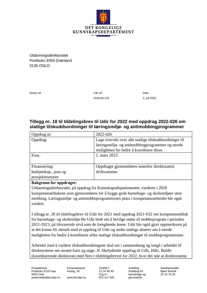 Forsiden av dokumentet Tildelingsbrev Utdanningsdirektoratet 2022 - tillegg nr. 18