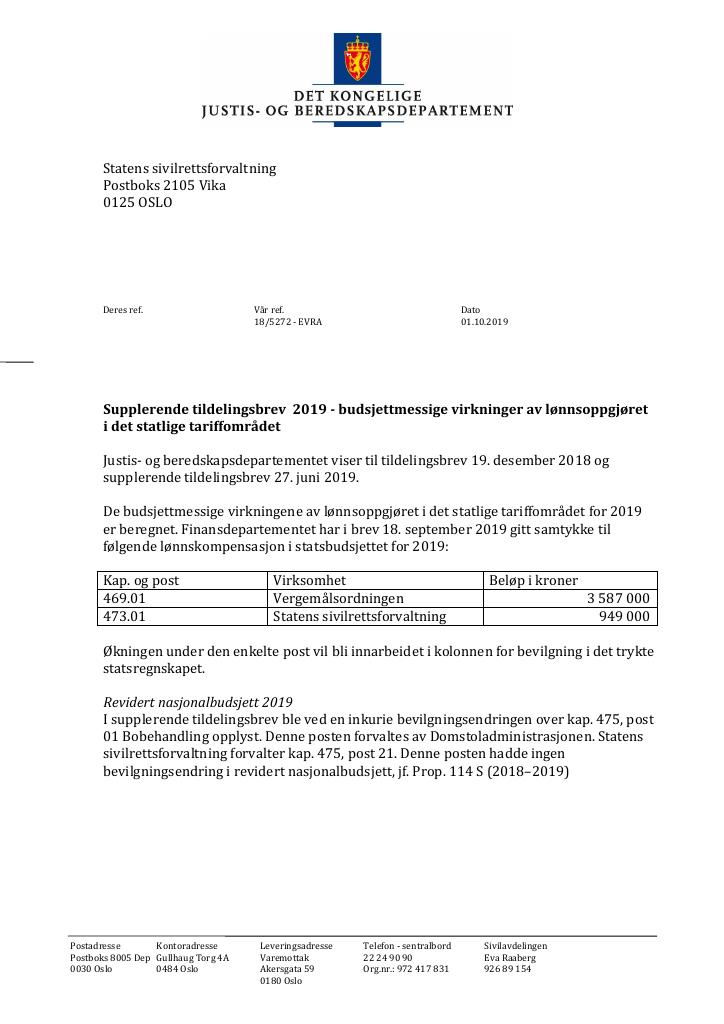 Forsiden av dokumentet Supplerende tildelingsbrev nr. 3 Statens sivilrettsforvaltning 2019