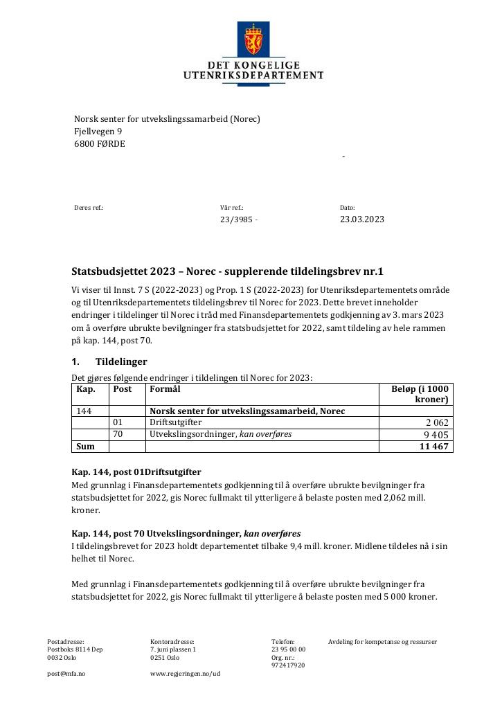 Forsiden av dokumentet Tildelingsbrev NOREC 2023 - tillegg nr. 1