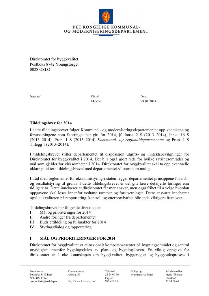 Forsiden av dokumentet Tildelingsbrev (pdf)