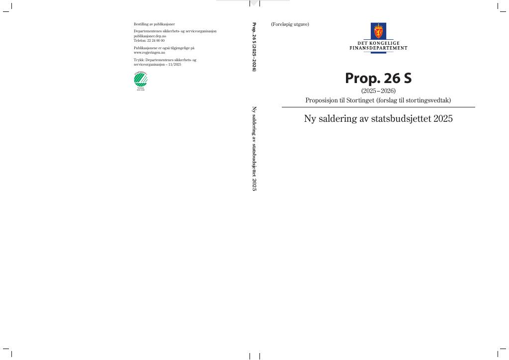 Forsiden av dokumentet Prop. 26 S (2025–2026)