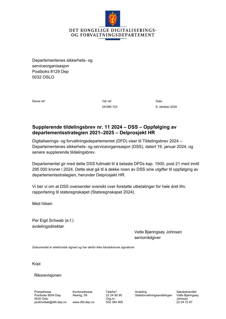 Forsiden av dokumentet Tildelingsbrev Departementenes sikkerhets- og serviceorganisasjon 2024 - tillegg nr. 11