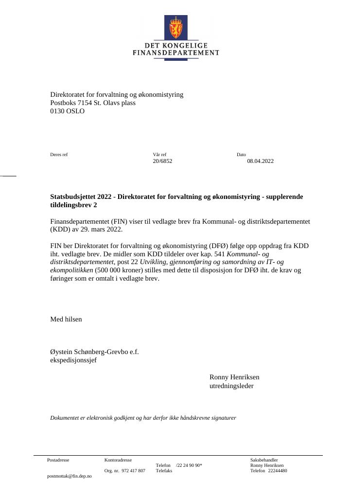 Forsiden av dokumentet Tildelingsbrev DFØ 2022 - tillegg nr. 2
