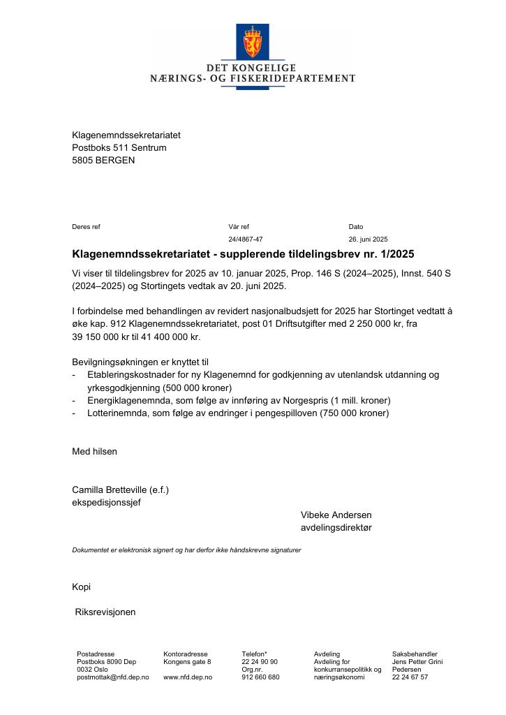 Forsiden av dokumentet Tildelingsbrev Klagenemdssekretariatet 2025 - tillegg nr. 1