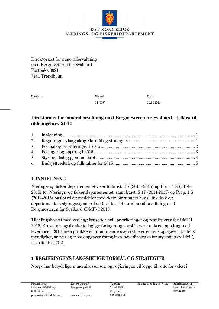 Forsiden av dokumentet Tildelingsbrev 