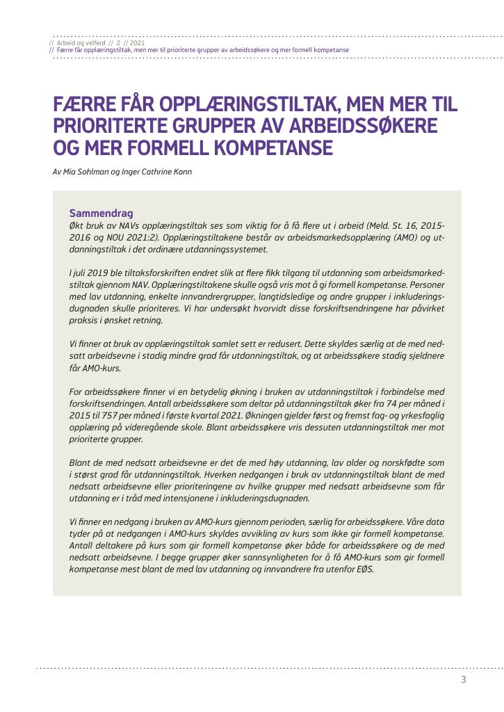 Forsiden av dokumentet Færre får opplæringstiltak, men mer til prioriterte grupper av arbeidssøkere og mer formell kompetanse