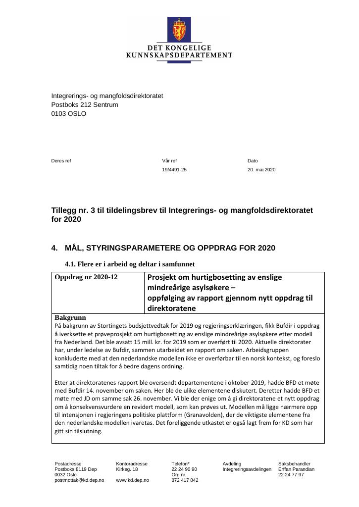 Forsiden av dokumentet Tildelingsbrev IMDi 2020 - tillegg nr. 3