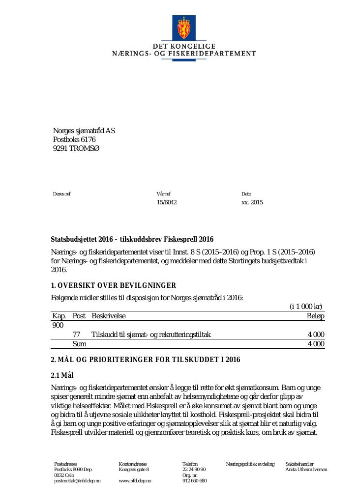 Forsiden av dokumentet Tilskuddsbrev