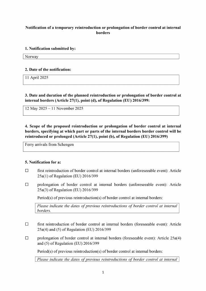 Forsiden av dokumentet Notification of a temporary reintroduction or prolongation of border control at internal border