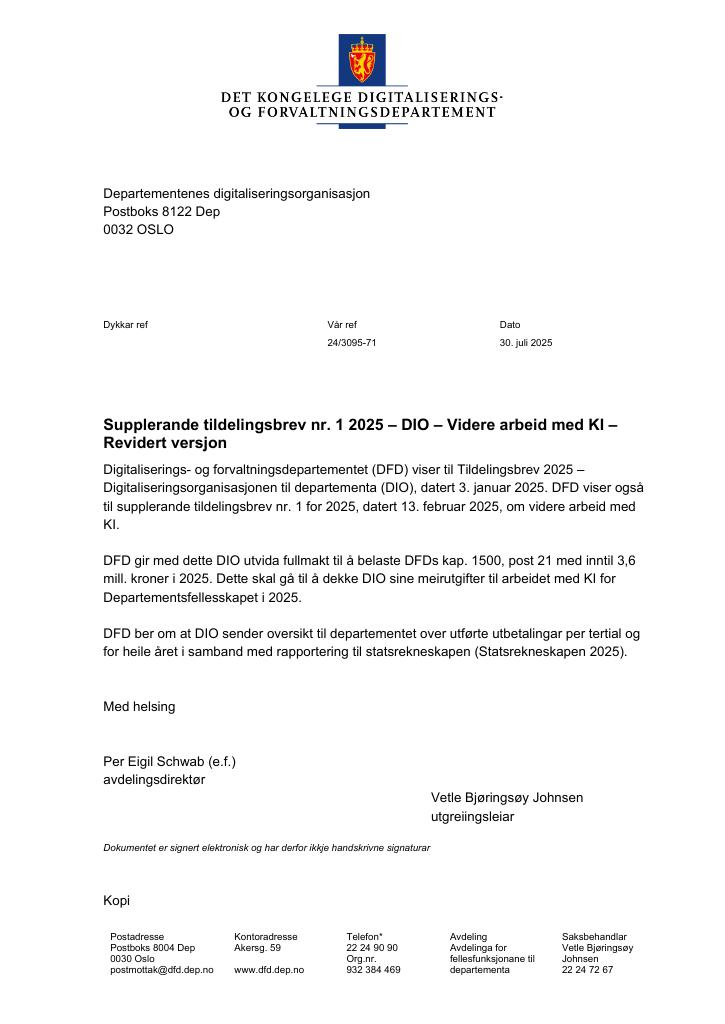 Forsiden av dokumentet Tildelingsbrev Departementenes digitaliseringsorganisasjon DIO 2025 - tillegg nr. 1 Revidert versjon