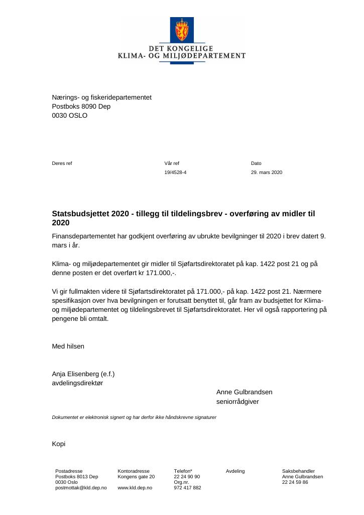 Forsiden av dokumentet Supplerende tildelingsbrev Nærings- og fiskeridepartementet 2020