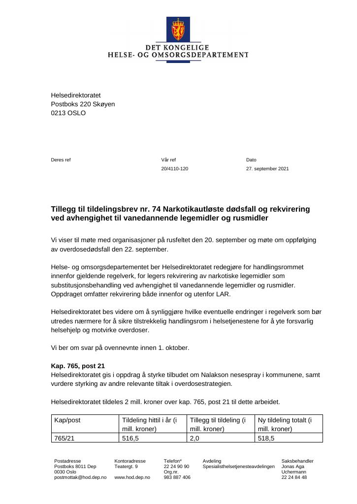 Forsiden av dokumentet Tildelingsbrev Helsedirektoratet 2021 - tillegg nr. 74