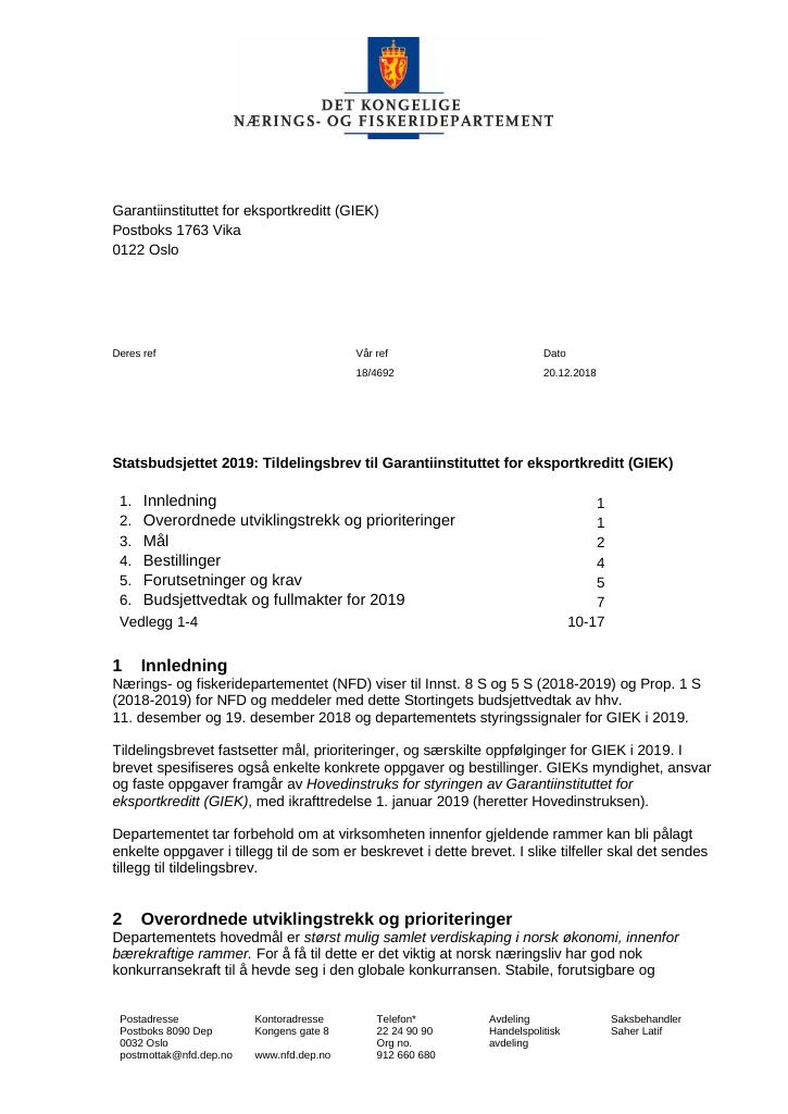 Forsiden av dokumentet Tildelingsbrev Garantiinstituttet for eksportkreditt (GIEK) 2019