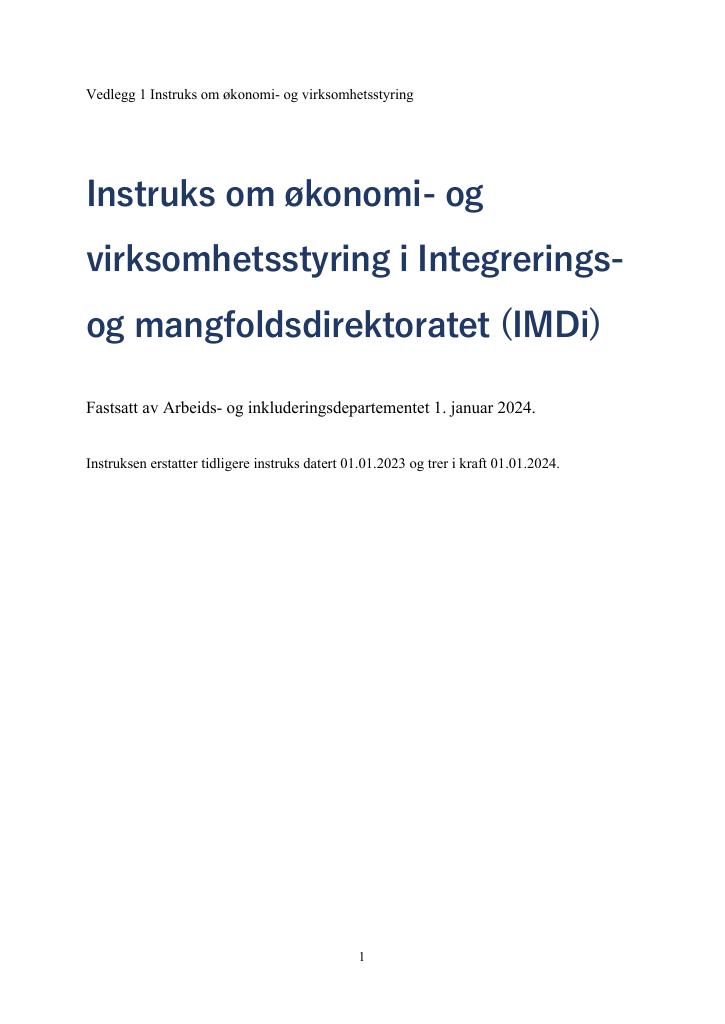 Forsiden av dokumentet Instruks om virksomhets- og økonomistyring i Integrerings- og mangfoldsdirektoratet 2024