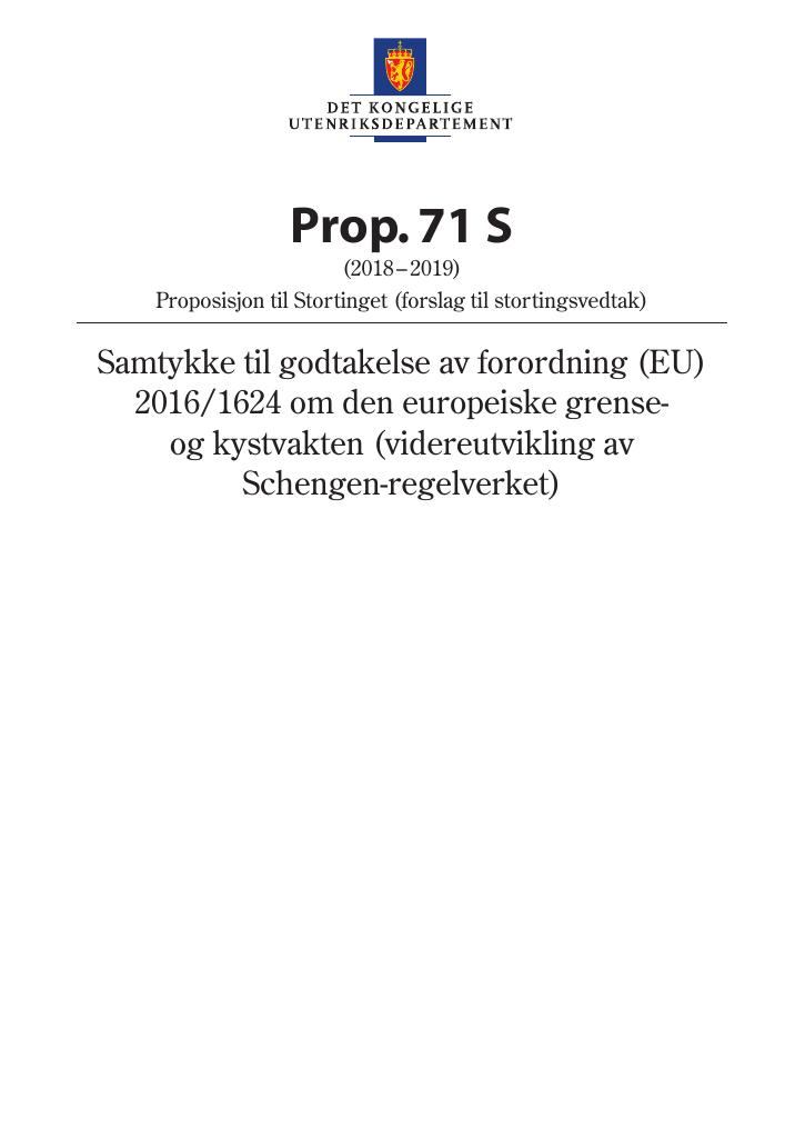 Forsiden av dokumentet Prop. 71 S (2018–2019)