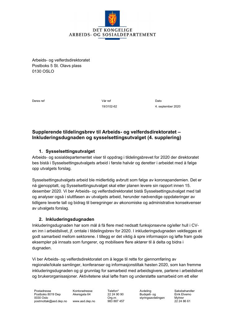 Supplerende Tildelingsbrev Arbeids- Og Velferdsdirektoratet 2020 - Nr ...