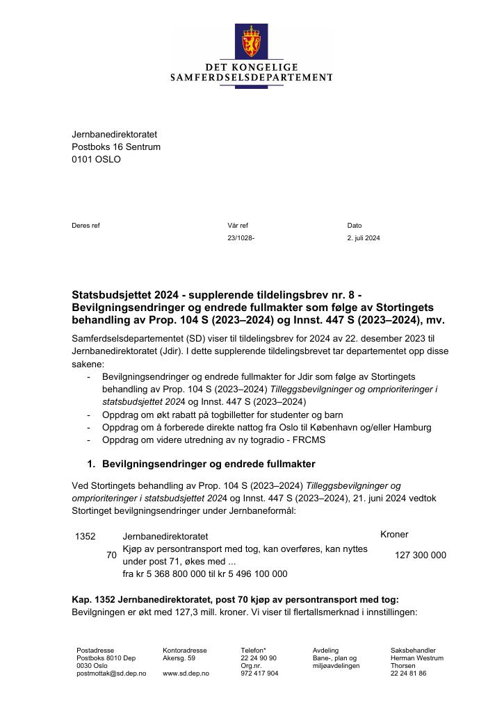 Forsiden av dokumentet Tildelingsbrev Jernbanedirektoratet 2024 - tillegg nr. 8