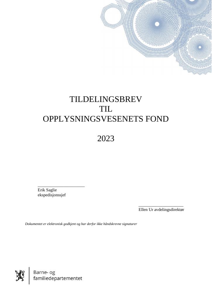 Forsiden av dokumentet Tildelingsbrev Opplysningsvesenets fond 2023