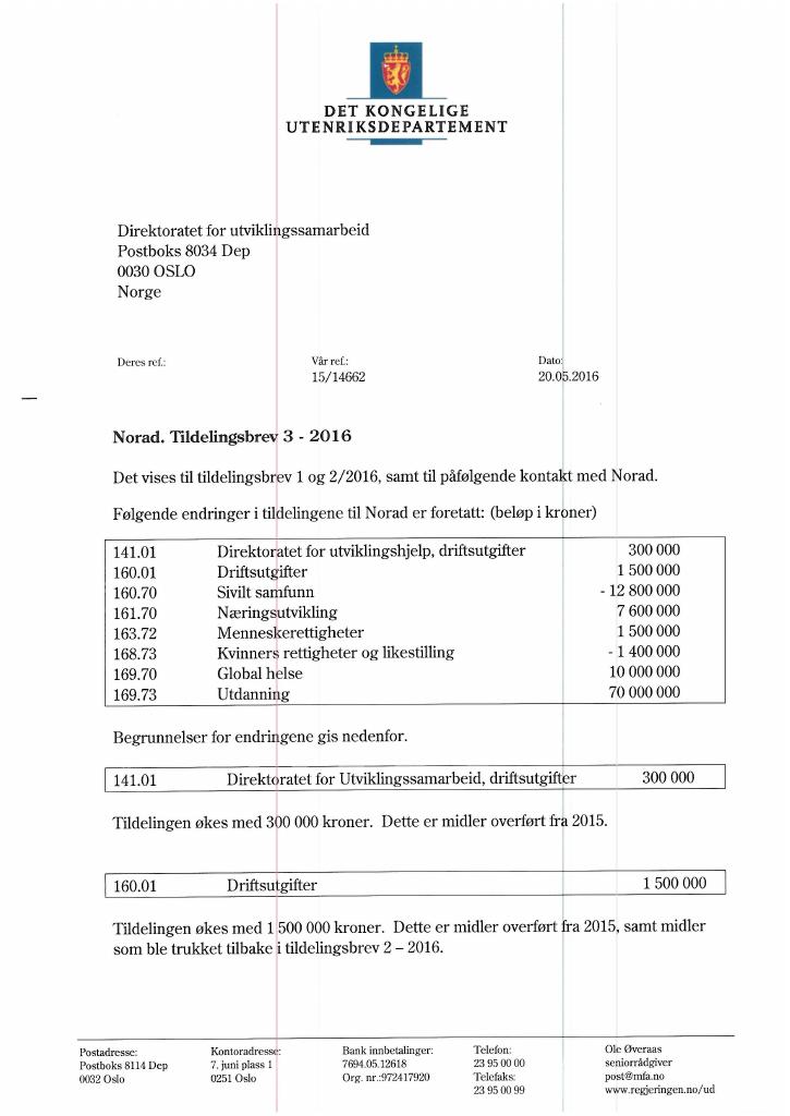 Forsiden av dokumentet Tildelingsbrev no. 3 (pdf)