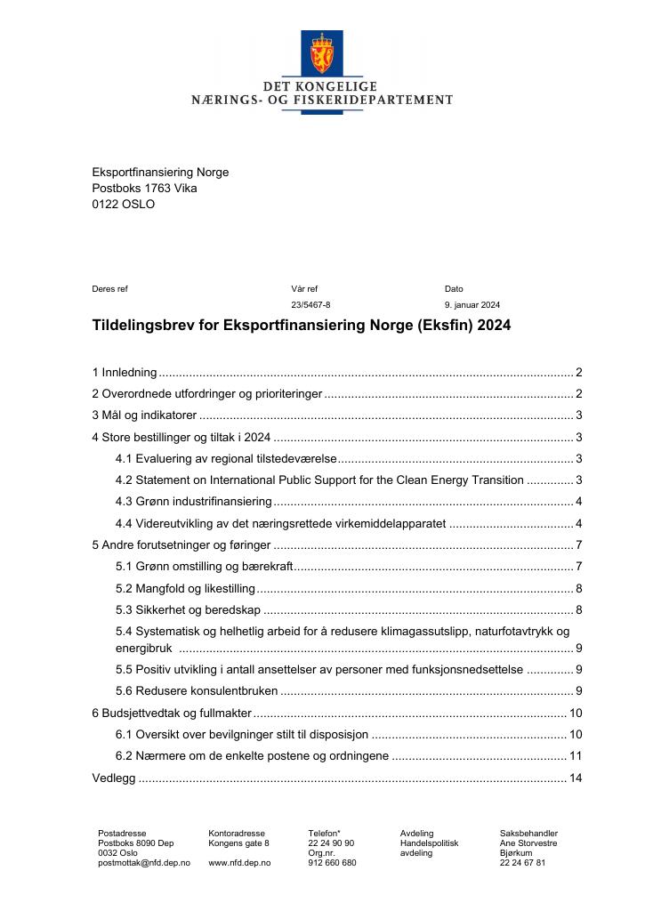 Forsiden av dokumentet Tildelingsbrev Eksportfinansiering Norge (Eksfin) 2024