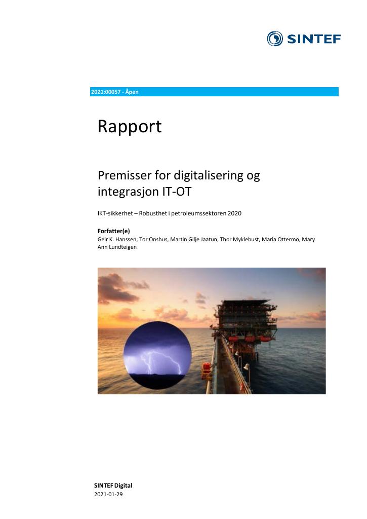 Forsiden av dokumentet Premisser for digitalisering og integrasjon IT-OT