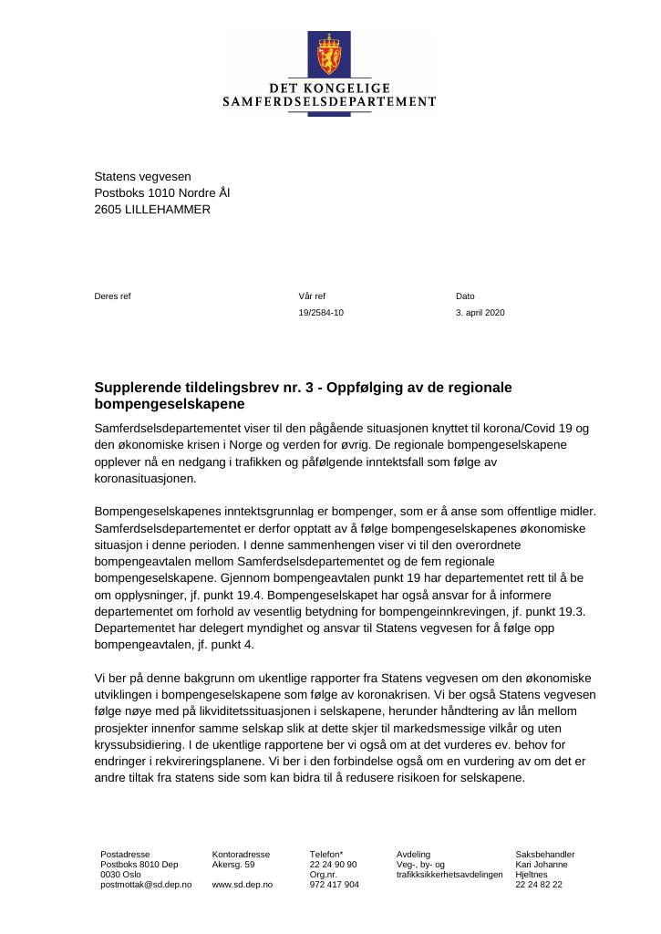 Forsiden av dokumentet Tildelingsbrev Statens vegvesen 2020 - tillegg nr. 3