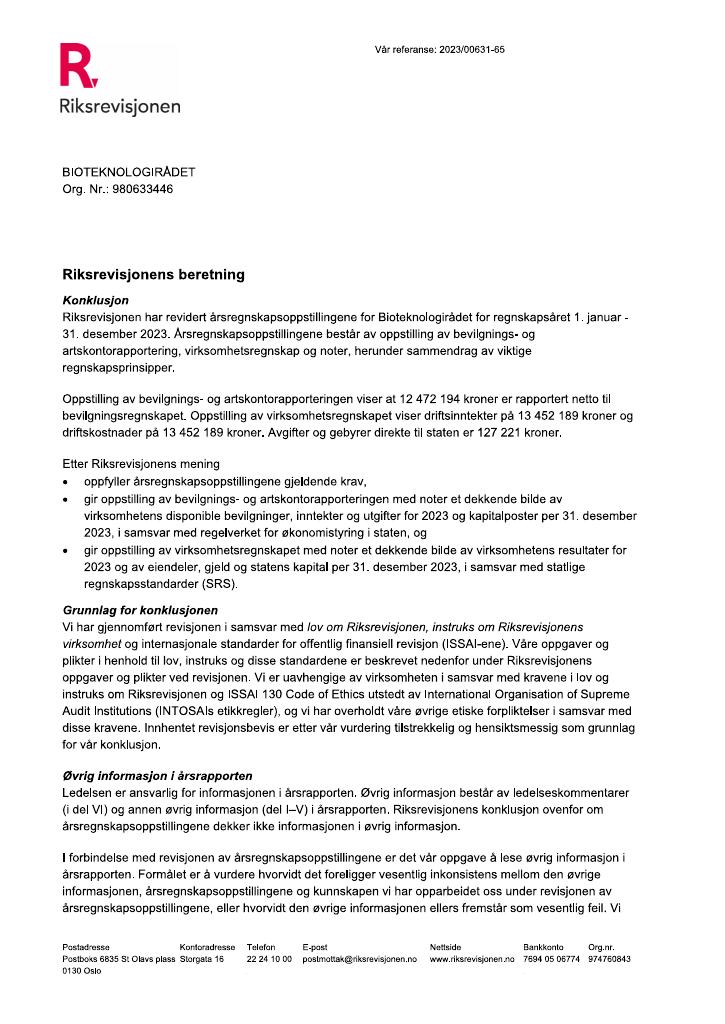 Forsiden av dokumentet Revisjonsberetning Bioteknologirådet 2023